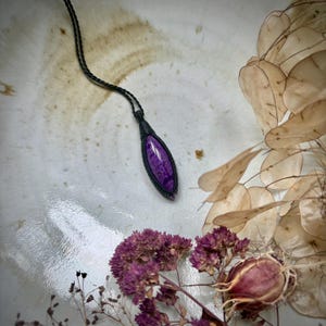 Large marquise shaped Sugilite pendant, natural purple Sugilite, rare sugilite, huge sugilite, big sugilite, macrame necklace, black cord image 5