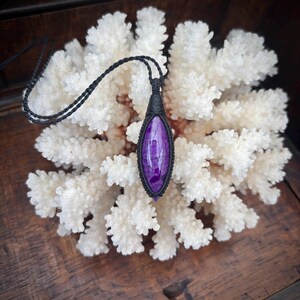 Large marquise shaped Sugilite pendant, natural purple Sugilite, rare sugilite, huge sugilite, big sugilite, macrame necklace, black cord image 2