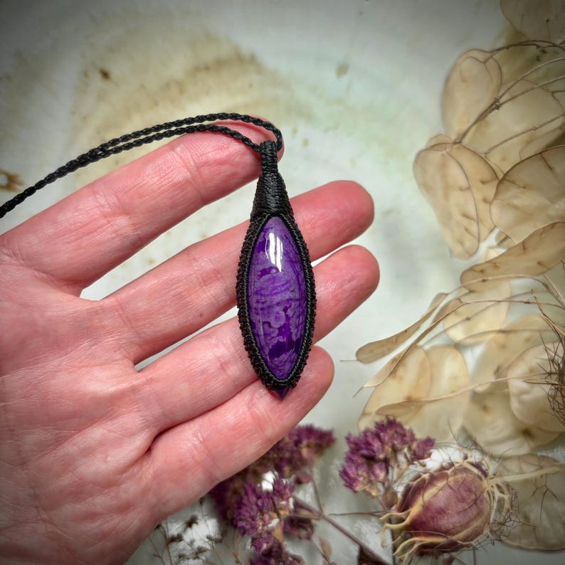 Large marquise shaped Sugilite pendant, natural purple Sugilite, rare sugilite, huge sugilite, big sugilite, macrame necklace, black cord image 4