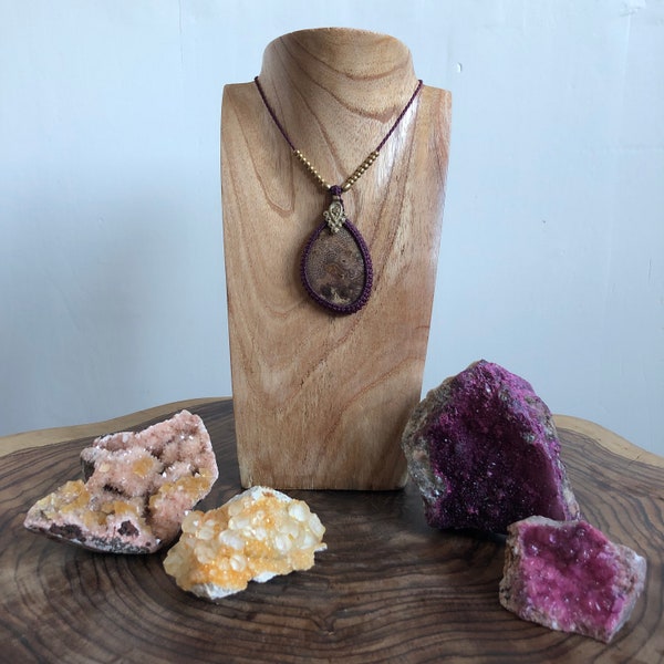 Petrified wood, petrified palm tree, palm wood, wood necklace, macrame necklace, macrame wood, brass beads, bohemian jewelry, wood pendant
