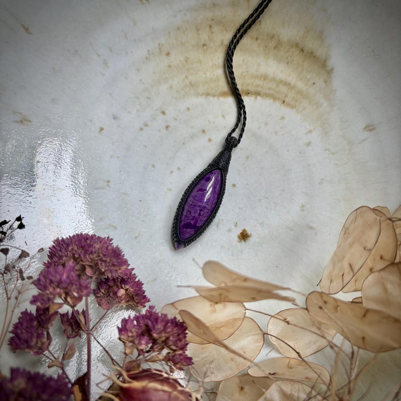 Large marquise shaped Sugilite pendant, natural purple Sugilite, rare sugilite, huge sugilite, big sugilite, macrame necklace, black cord image 7