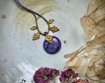 Large round Charoite pendant, macramé necklace, russian Charoite, purple gemstone, necklace with charoite, anneroza, healing crystal, stone