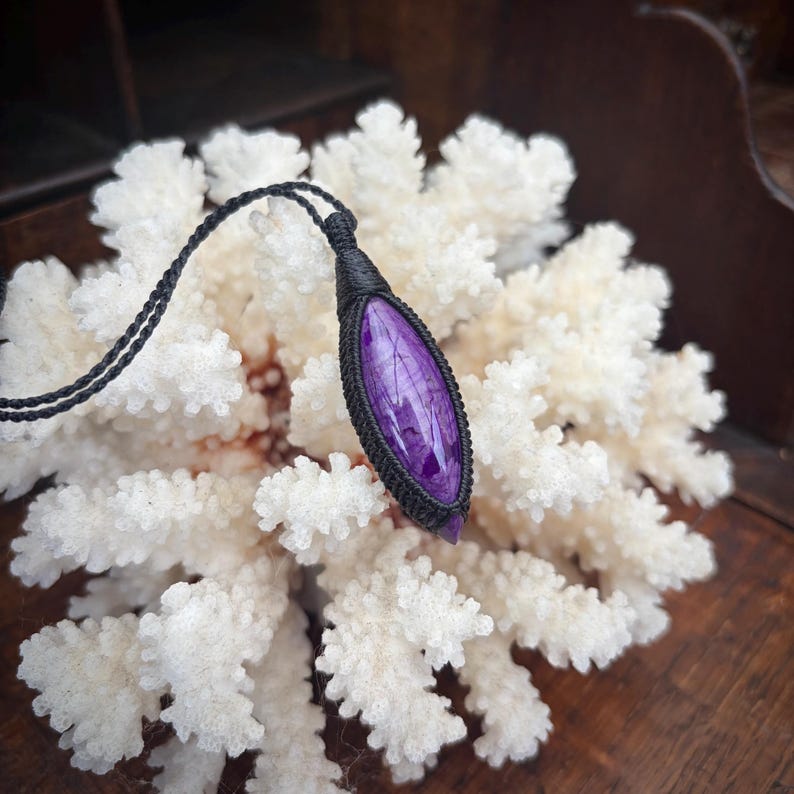 Large marquise shaped Sugilite pendant, natural purple Sugilite, rare sugilite, huge sugilite, big sugilite, macrame necklace, black cord image 1