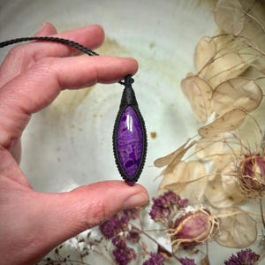 Large marquise shaped Sugilite pendant, natural purple Sugilite, rare sugilite, huge sugilite, big sugilite, macrame necklace, black cord image 8