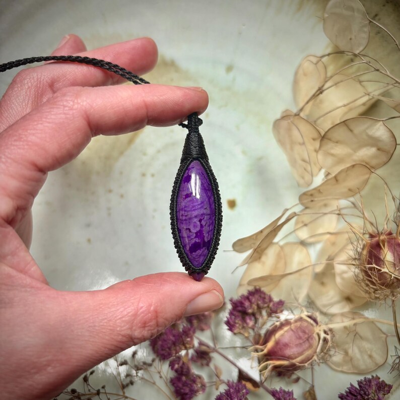 Large marquise shaped Sugilite pendant, natural purple Sugilite, rare sugilite, huge sugilite, big sugilite, macrame necklace, black cord image 8
