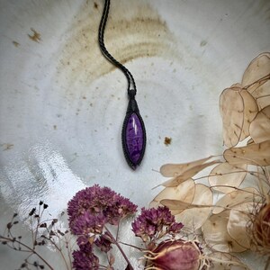 Large marquise shaped Sugilite pendant, natural purple Sugilite, rare sugilite, huge sugilite, big sugilite, macrame necklace, black cord image 6