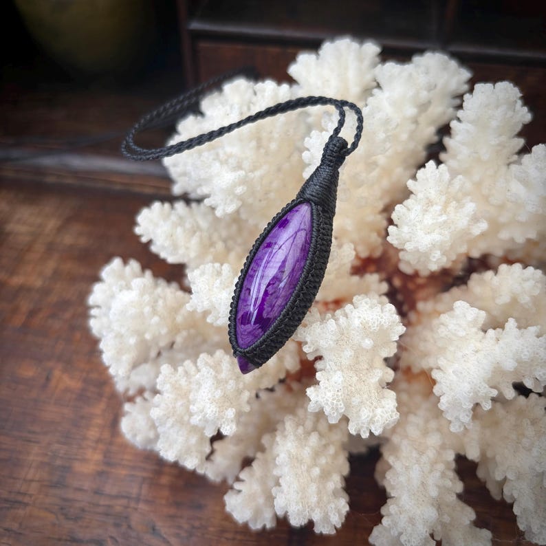 Large marquise shaped Sugilite pendant, natural purple Sugilite, rare sugilite, huge sugilite, big sugilite, macrame necklace, black cord image 3