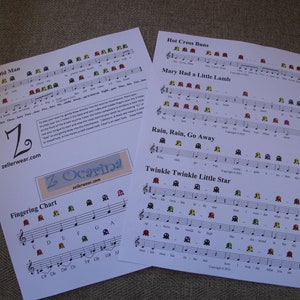 May include: Printable sheet music for the songs "This Old Man", "Hot Cross Buns", "Mary Had a Little Lamb", "Rain, Rain, Go Away", and "Twinkle Twinkle Little Star" with corresponding finger positions for a Z Ocarina. The sheet music is printed on white paper with black lines and colorful Pac-Man-like symbols.