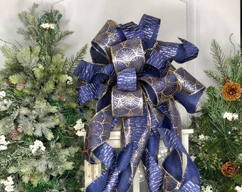 Blue White Silver Christmas Tree Topper Bow Large Handmade Luxury Bows