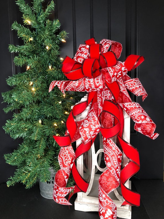 Lantern Bow Christmas Decorations Christmas Mailbox Bow Mantle Christmas Bow Red and Silver Christmas Tree Topper Bow Holiday Decor