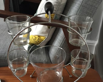 1950S 1960S Mid Century Cocktail Drinking Glasses and glass ice container stand