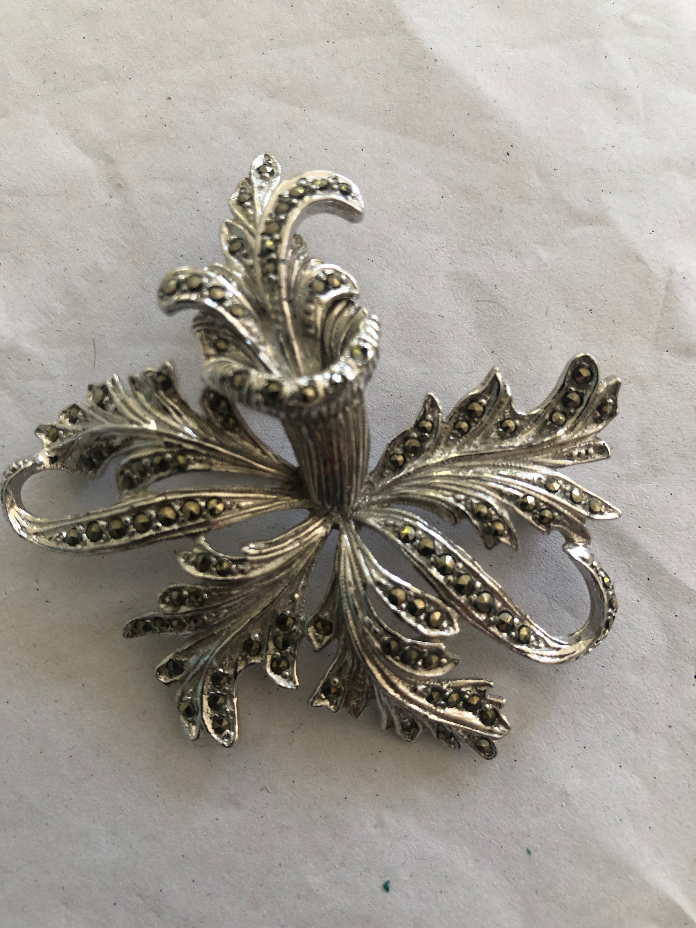vintage flower HANDMADE STERLING　brooch Lang Flower and Leaves Vintage Sterling Silver Brooch or