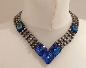 Original 1980s Ichimori IKUO necklace and Swarokski Blue stone crystals