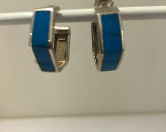 Vintage Silver Hexagon hoop and turquoise earrings