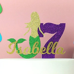 Gepersonaliseerde glitter zeemeermin verjaardagstaarttopper: aangepaste kleuren