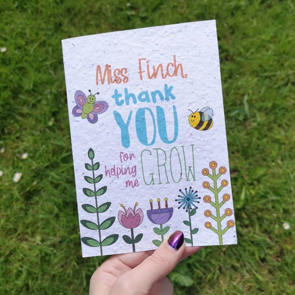 Thank You Card Teacher, made from plantable seed paper, contains Wildflower Seeds, perfect eco friendly, zero waste, plantable card