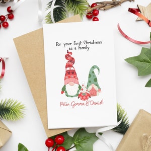 Personalized Christmas Gnome Card – First Christmas Family Keepsake