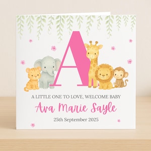 Carte personnalisée pour nouveau-né - Avec de jolis animaux de la jungle et des informations personnalisées sur l'initiale, le nom et la date de naissance - Choisissez votre couleur