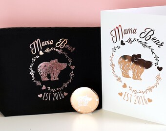 Mama and Baby Bear Personalised Mothers Day Gift, or New Mum Gift - featuring a metallic foil card, compact mirror, and makeup bag