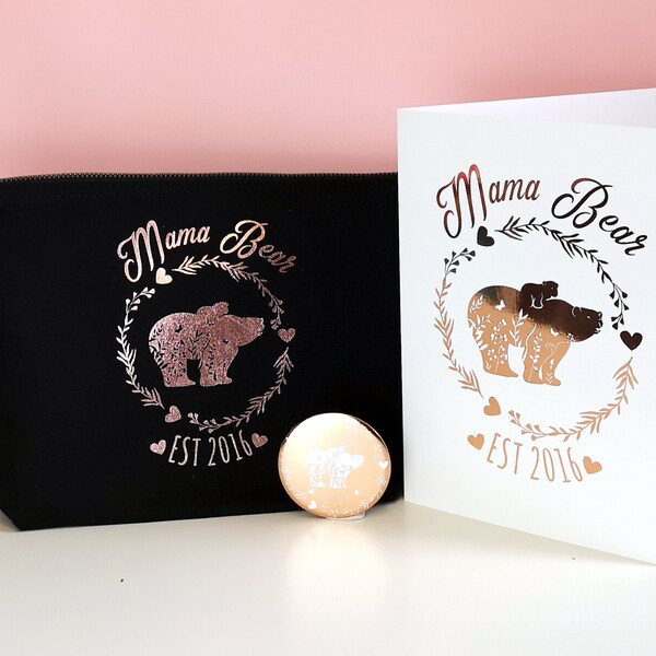 Mama and Baby Bear Personalised Mothers Day Gift, or New Mum Gift - featuring a metallic foil card, compact mirror, and makeup bag