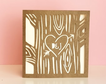 Personalised Papercut, Custom Wedding Day Cards featuring a monogram heart carving - Choose your colours