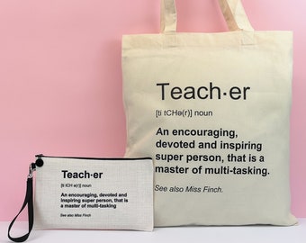 Personalised teacher tote bag and pencil case set - available for teaching and nursery assistants too! Pick your own colours.