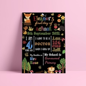 Panneau premier jour d'école - Conception personnalisée de tableau d'étapes avec animaux de la forêt - joli accessoire photo