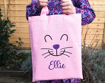 Personalised Name Easter Bunny Face Cotton Tote Bag - Perfect for your Easter Egg Hunt - Choose your bag and text colour