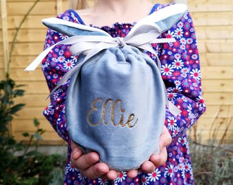 Personalised Name, Easter Bunny Fabric Gift Bag - Choose your bag and text colour