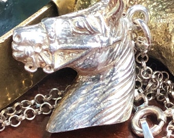 Vintage Silver Horse Head  Pendant with Silver Necklace Chain, Free Postage