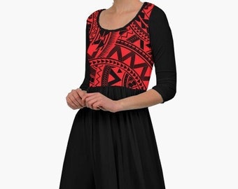 Polynesian dress - Hawaiian dress - Black red cotton dress - 3/4 sleeve swing dresses - Size XS-5XL