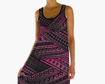 Hawaiian dress - Polynesian empire waist tiki dress - Black pink gradient tribal muumuu dress - Size XS-5XL