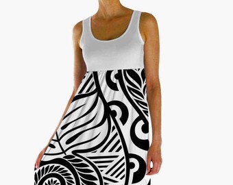 Hawaiian dress - Polynesian dress - Empire waist tiki dress - White black muumuu dress - Size XS-5XL