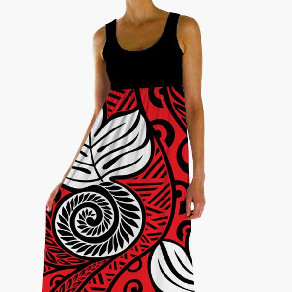 Hawaiian dress ulu - Polynesian dress - Black red white empire waist hawaii dress - Size XS-5XL