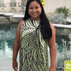 Hawaiian dress women - Polynesian dress - Green brown tiki dress - Size XXS-4XL