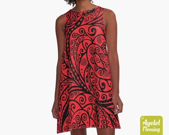 red and black hawaiian dress Hawaiian dress women - Polynesian dress - Red Black turtle tiki dress