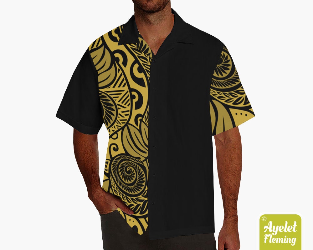 Visesunny Men's Casual Short Sleeve Hawaiian Shirt - Gold Vein Black Pattern Aloha Button Down Shirt (Multicolor, XX-Large)