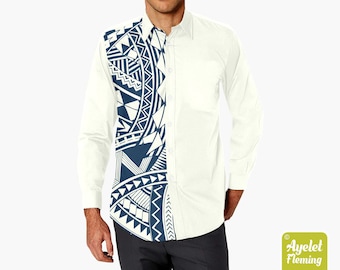 Polynesian shirt - Samoan shirt - Hawaiian shirt men button down shirt - Dark navy blue ivory long sleeve shirt - Size XS-5XL