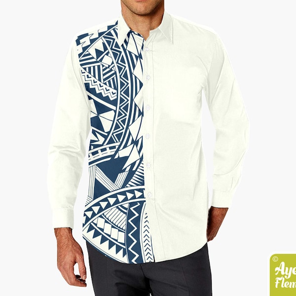 Polynesian shirt - Samoan shirt - Hawaiian shirt men button down shirt - Dark navy blue ivory long sleeve shirt - Size XS-5XL