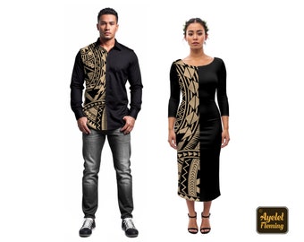 Polynesian shirt Polynesian dress couple outfit - Half tan black groomsmen shirt casual wedding dress