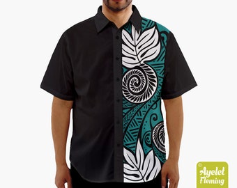 Hawaiian shirt men ulu - Polynesian shirt - Samoan shirt - Half black teal white button up shirt men - Size XS-5XL