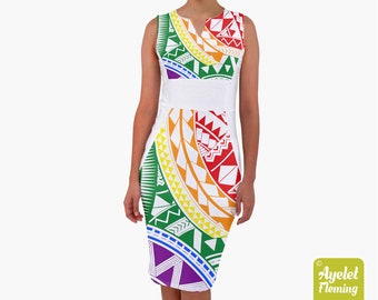 Polynesian dress - Hawaiian dress women - Pride rainbow white Samoan midi dress - Sleeveless pencil dress - Size XS-5XL