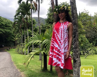 Hawaiian dress women - Polynesian dress - red white bird of paradise tiki dress - Size XXS-4XL