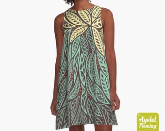 Polynesian dress - Hawaiian dress women - Green yellow tiki dress - Size XXS-4XL