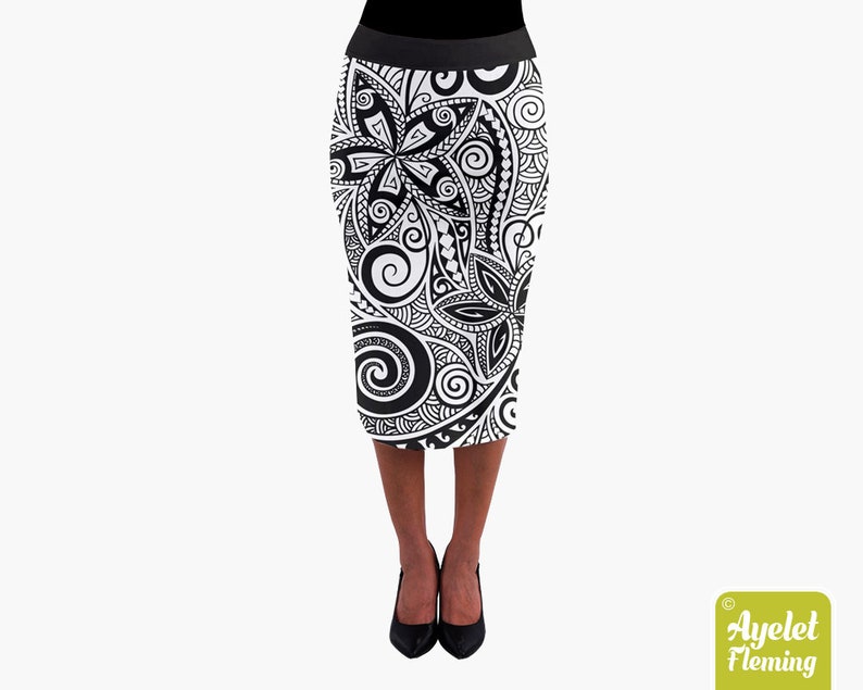 Black white floral midi skirt XS-3XL Polynesian skirt Hawaiian skirt ulu