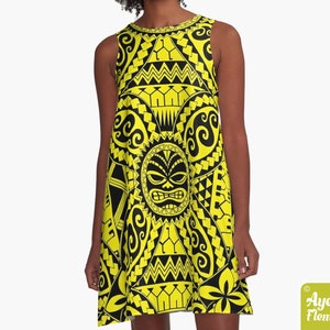 Polynesische Kleid - Hawaiianisches Kleid Frauen - Gelb schwarz tiki-Kleid - Größe XXS-4XL