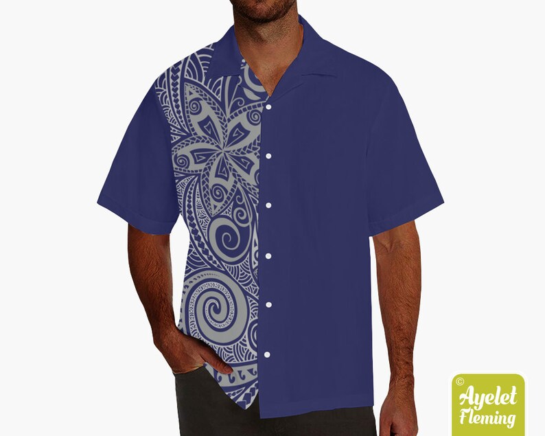 Polynesian shirt Half navy blue gray floral bowling shirt S-5XL Hawaiian shirt men