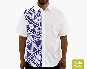 Polynesian shirt - Samoan shirt - Hawaiian shirt men - Navy blue white button up shirt men - Size XS-5XL