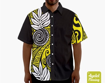 Hawaiian shirt men ulu - Polynesian shirt - Samoan shirt - Half black yellow white - Button up shirt men design on sleeve - Size XS-5XL