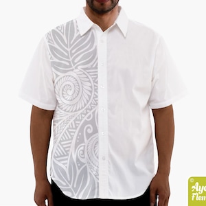 Hawaiian shirt men - Polynesian shirt - Samoan shirt - Light gray white ulu floral button up shirt men - Size XS-5XL